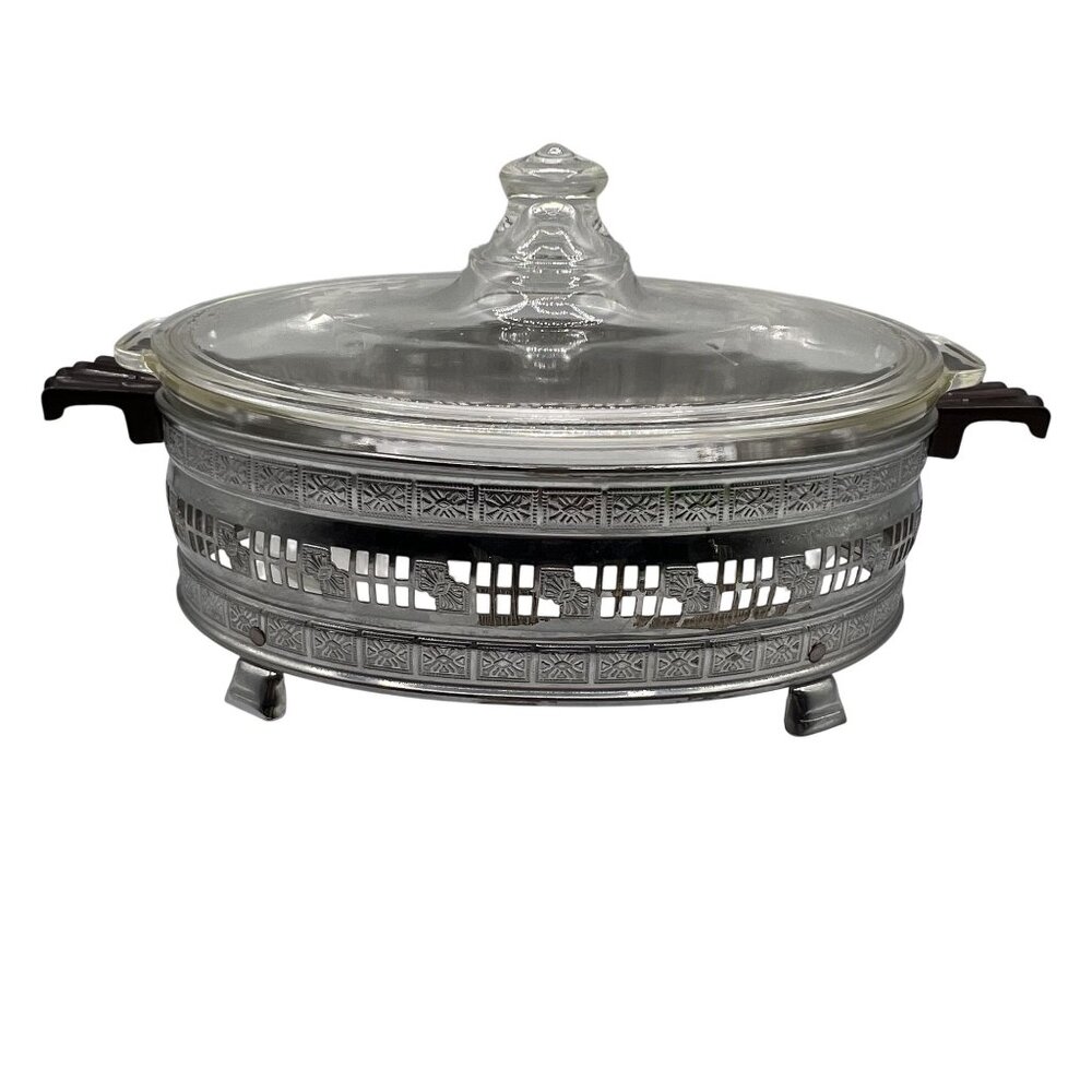 Pyrex 1.5qt Vintage Oval Glass Casserole Dish Etched Silver Plated Footed Holder